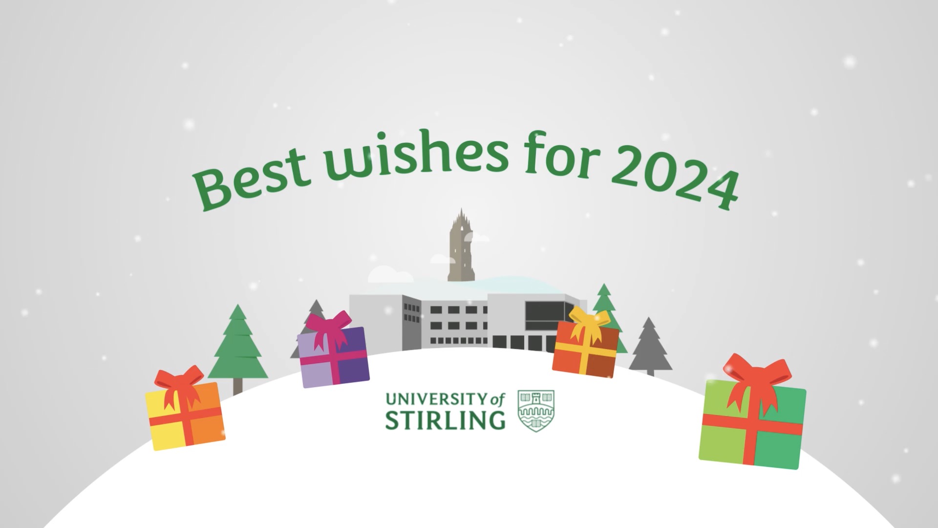 Merry Christmas from the University of Stirling. An illustration of the University of Stirling campus on a winter day. Snow falls gently as the words Best Wishes for 2024 hang in the air.