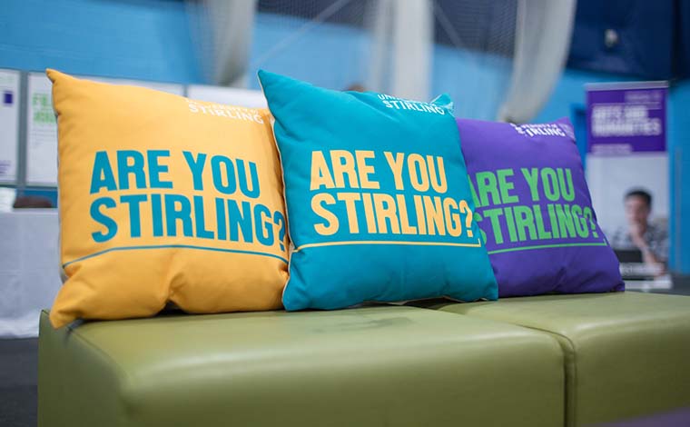 Three colourful cushions with the slogan Are You Stirling?