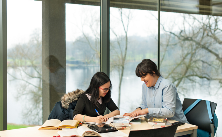 two students studying in library