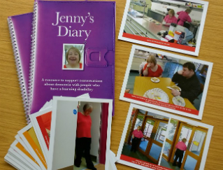 An image showing some marketing material from Jenny's Diary which helps people with learning difficulties to come to terms with dementia