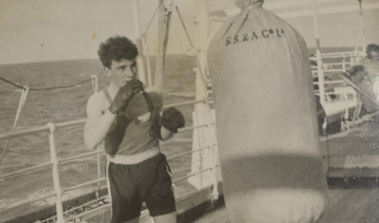 Scottish boxer Hugh Riley training on board the SS Tamora en route to the 1950 Games in Auckland, New Zealand