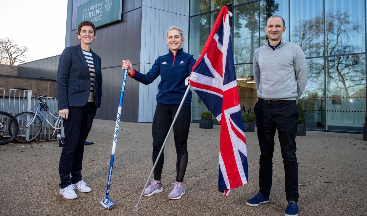 Curler Mili Smith pictured alongside Cathy Gallagher and David Bond, of the University of Stirling Sport.