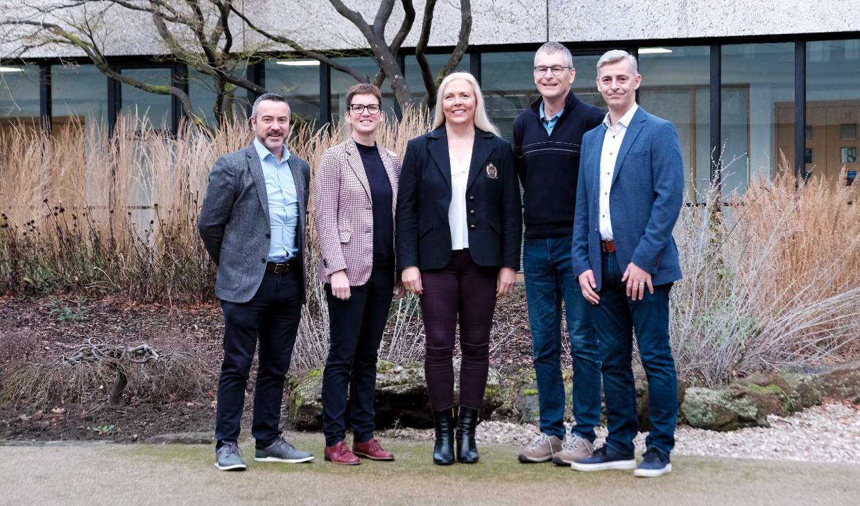 L to R_sportscotland lead manager, Ewen Cameron, Executive Director of Sport at Stirling,Cathy Gallagher, Keynote speaker Andy Abraham, Dean of the Faculty of Health Sciences and Sport, Jayne Donaldson, and organiser Stephen Macdonald