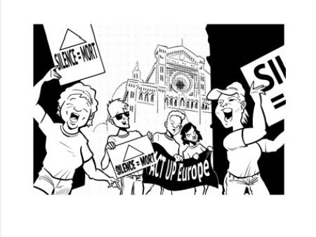 The front cover of the comic. A black and white cartoon of campaigners holding placards.