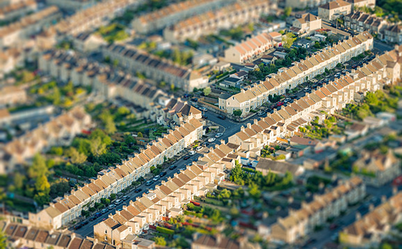 Overhead view of rows of houses and streets