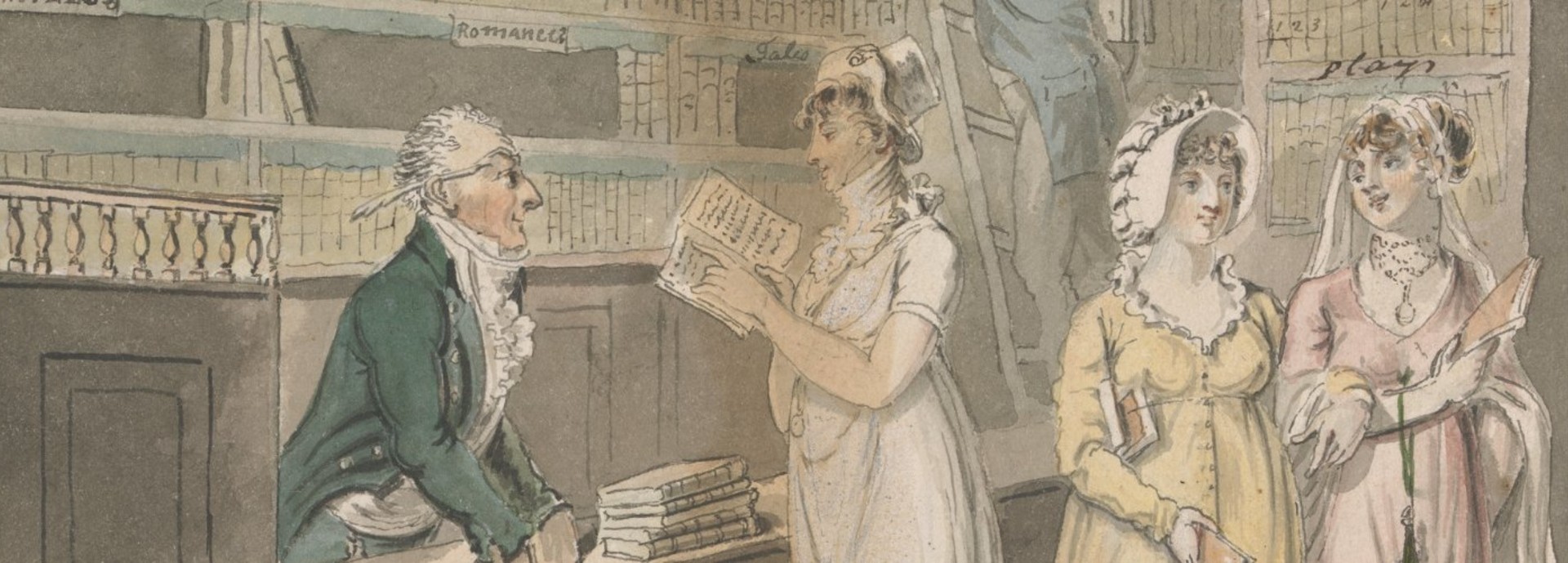 18th Century lady and gentleman reading books in a library