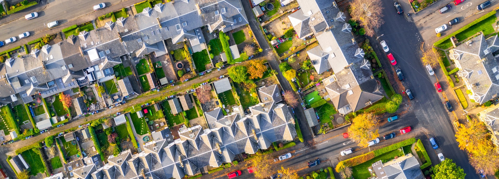 Aerial view of houses on a UK street