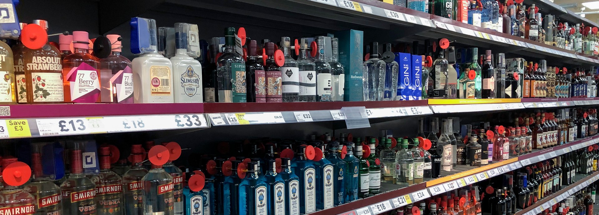 Wide range of alcohol for sale in a British supermarket.