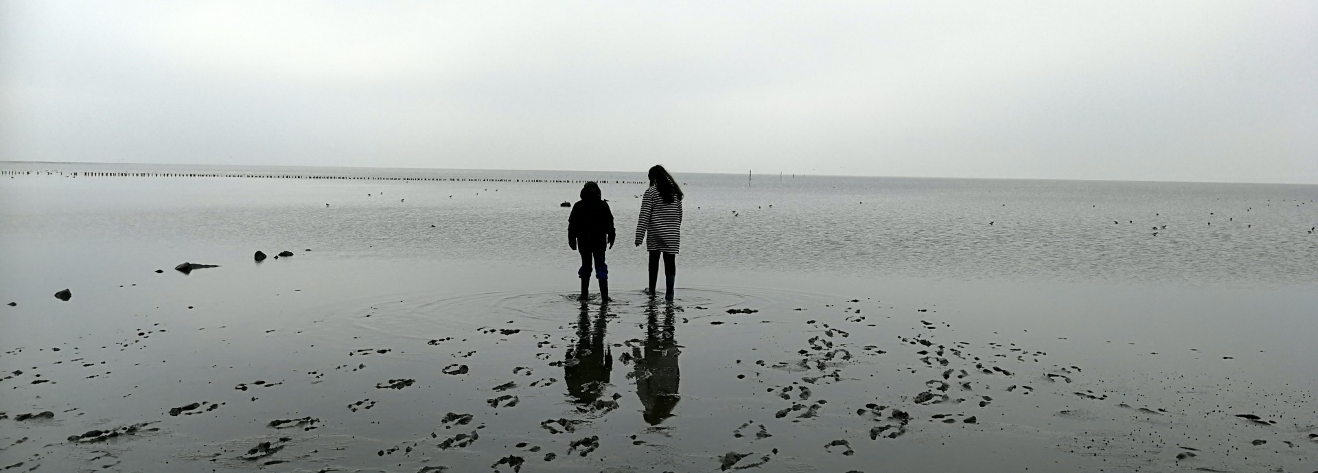 Two people standing looking out to sea