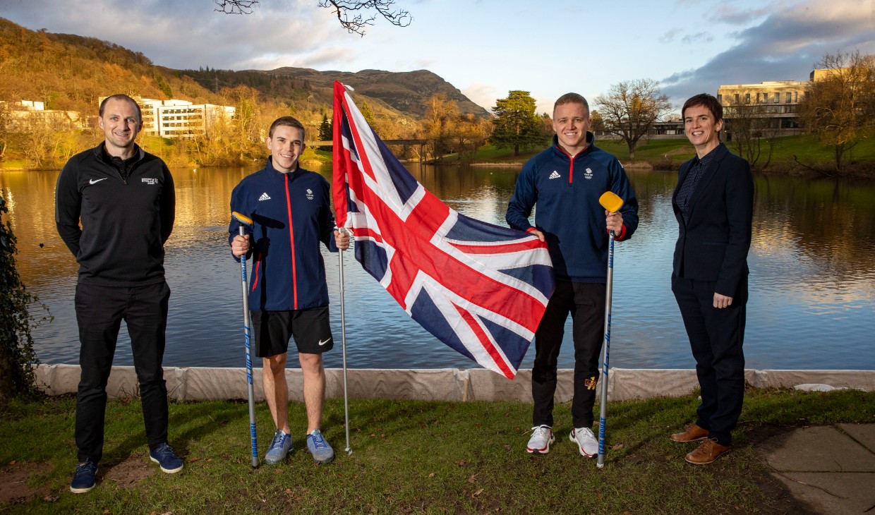 Curlers Ross Whyte and Bobby Lammie pictured alongside Cathy Gallagher and David Bond, of University of Stirling Sport
