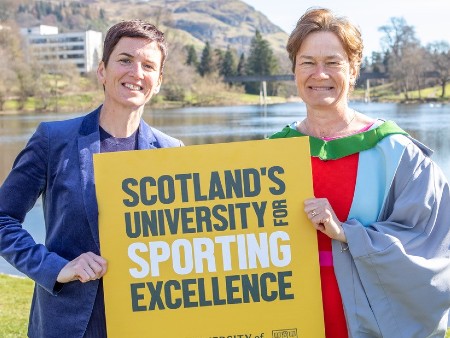 Cathy Gallagher and Catriona Matthew by the loch on campus