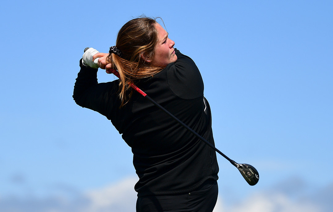 Lorna McClymont watches the ball after teeing off.