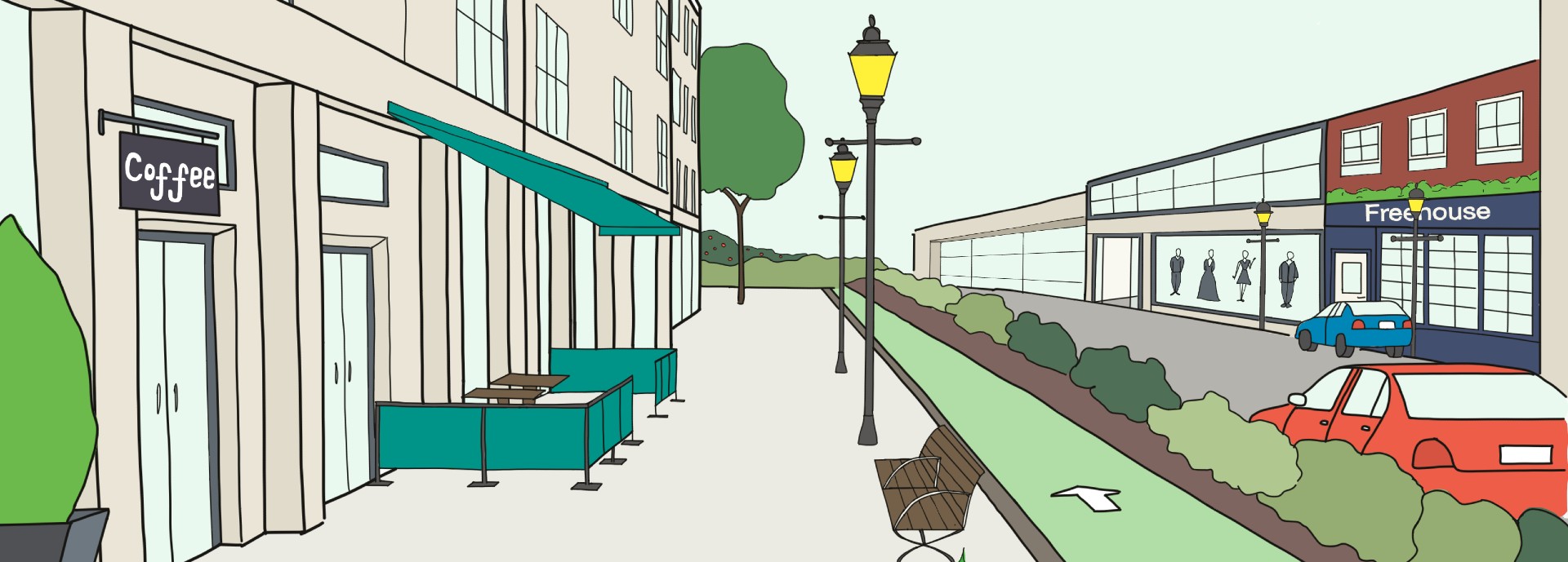 A computer generated image of a dementia friendly street. A cafe is pictured on the left hand side, with a bench, grass border, cycle lane and street lamps to the right hand side.