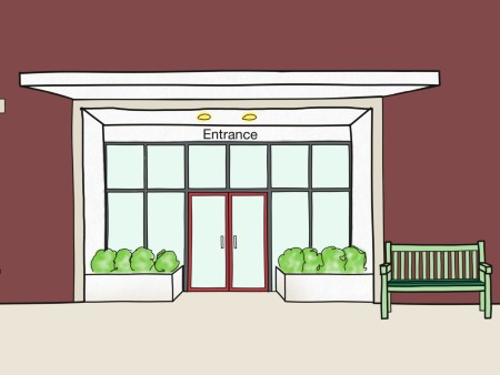 Computer generated image of a generic entrance to a public building. It shows double glass doors, with windows either side and two planters containing green shrubs to either side of the door. The building is red and a green bench is pictured to the right hand side of the right hand planter