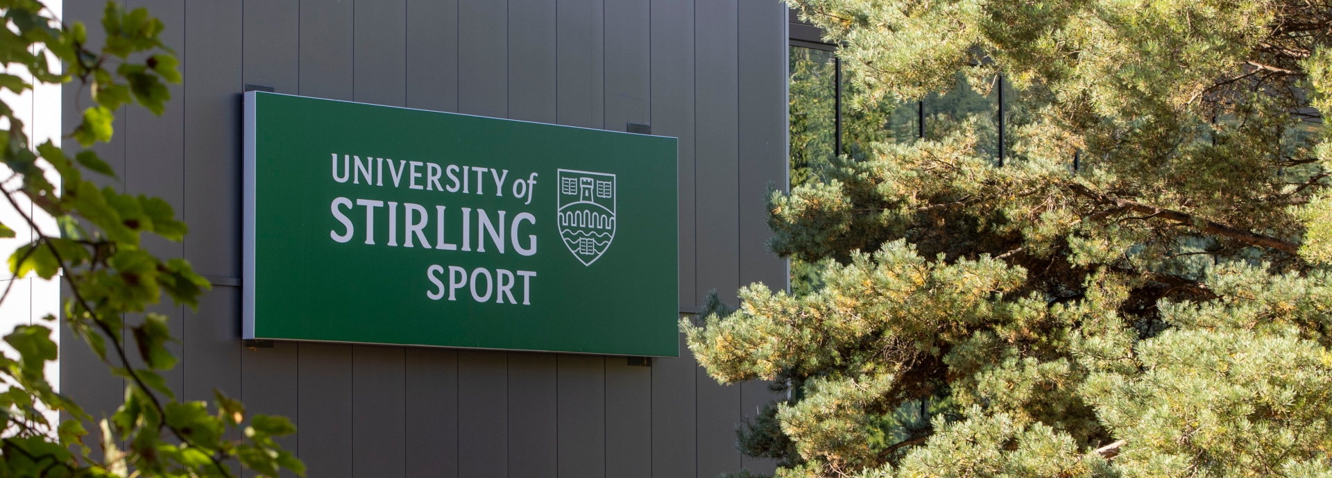 External shot of University of Stirling Sports Centre, logo featured