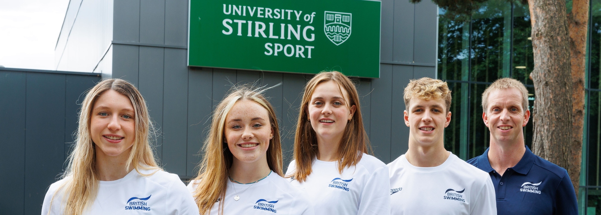 University of Stirling swimmers selected for the Euros. Left to right: Keanna MacInnes, Lucy Grieve, Evie Davis, Evan Jones, Bradley Hay (coach).