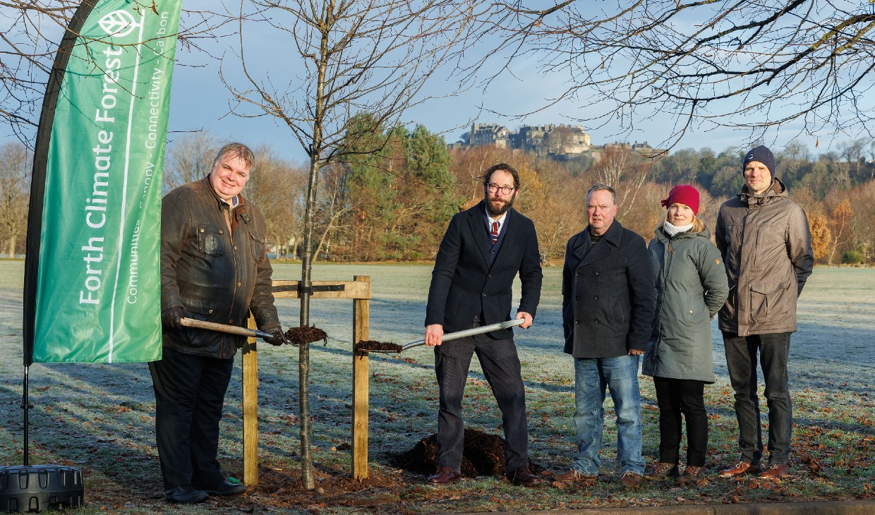 Councillor Chris Kane, Stirling Council Leader; Douglas Worrall, Director of Forth Climate Forest, University of Stirling; Peter Lowe, Woodland Trust Scotland; Dr Sandra Engstrom, Forth Climate Forest, University of Stirling; Guy Harewood, Forth Climate Forest Development Officer, University of Stirling.