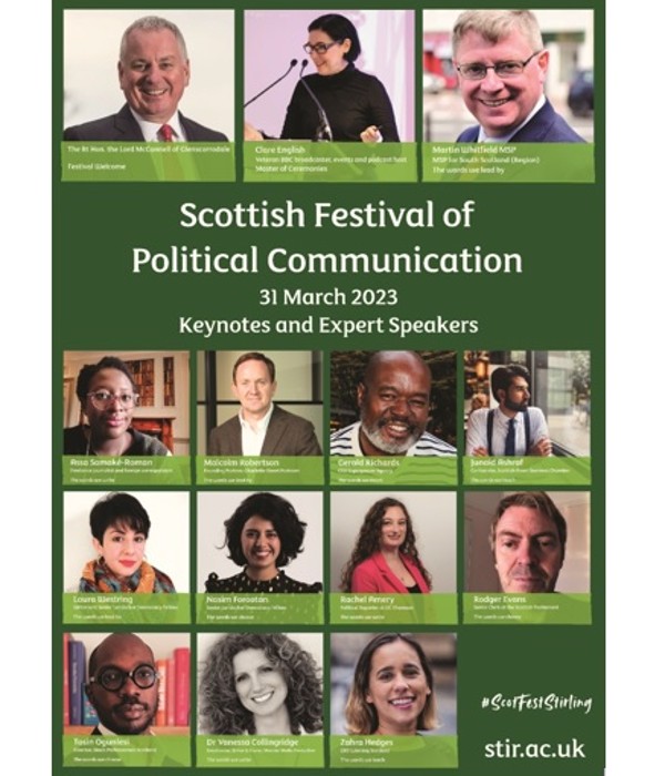 A poster advertising the Festival of Politics. It features portrait photographs of each speaker on a green background with the words 'Scottish Festival of Communication 31 March 2023 Keynotes and Expert Speakers'