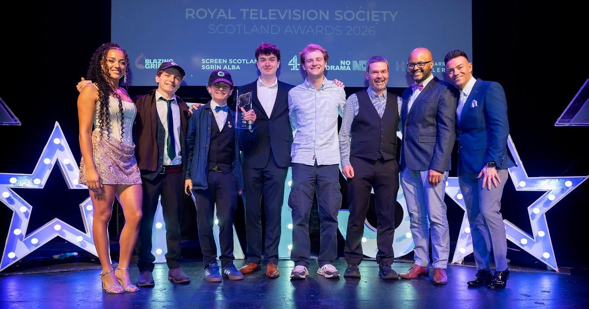 The winners posing on stage at the Royal Television Society (RTS) Scotland Awards.