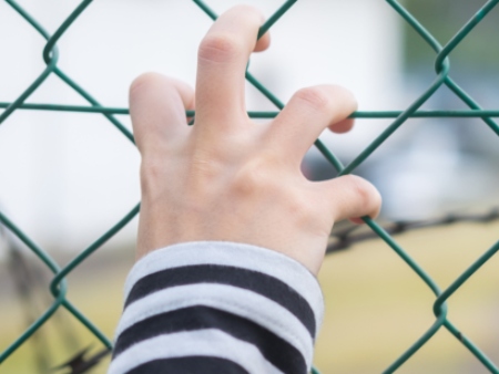 child's hands at fence