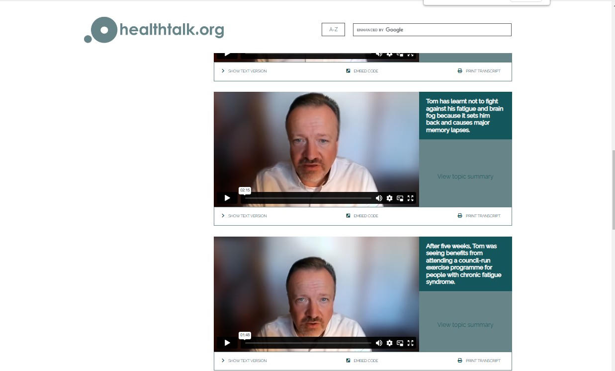 Video stills taken of interviews with participant Tom from the Healthtalk website