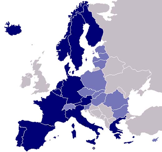 Map of the Schengen travel area