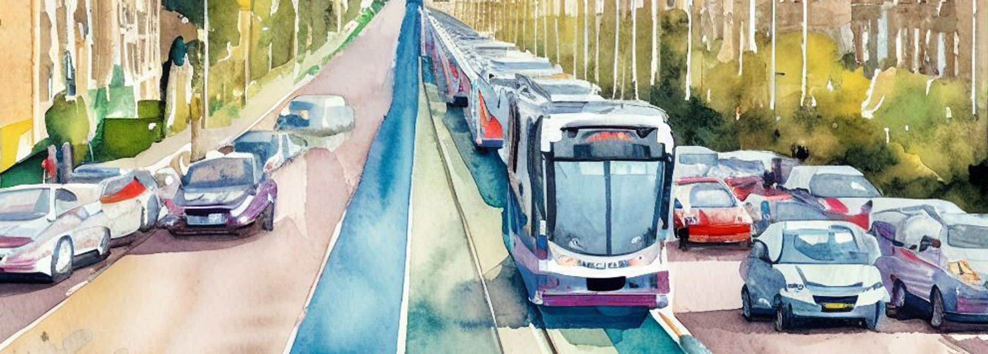 Bus and cars along a road painted in watercolour