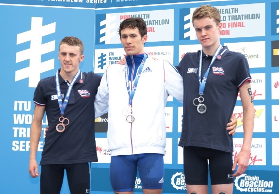 Podium (l-r): Grant Sheldon, Frenchman Dorian Coninx and Marc Austin. Photo: British Triathlon.