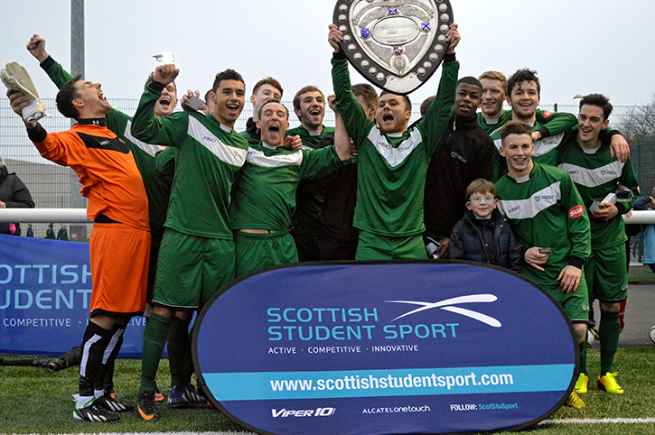 Footballers from the University of Stirling celebrate winning the Queen's Park Shield